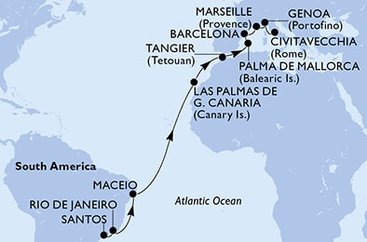 Brazílie, Španělsko, Francie, Itálie ze Santosu na lodi MSC Seaview