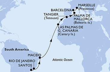 Brazílie, Španělsko, Francie ze Santosu na lodi MSC Seaview