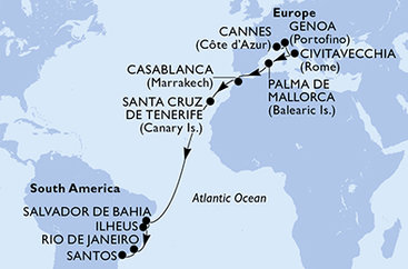 Francie, Itálie, Španělsko, Maroko, Brazílie z Cannes na lodi MSC Seaview
