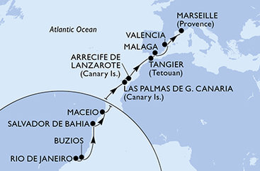 Brazílie, Španělsko, Maroko, Francie z Rio de Janeira na lodi MSC Grandiosa