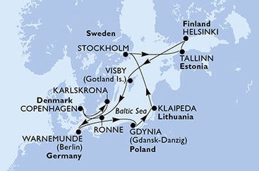 Německo, Polsko, Litva, Švédsko, Estonsko, Finsko, Dánsko z Warnemünde na lodi MSC Poesia