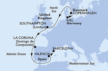 Německo, Dánsko, Velká Británie, Španělsko z Kielu na lodi MSC Euribia