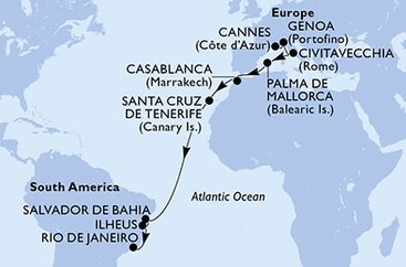 Francie, Itálie, Španělsko, Maroko, Brazílie z Cannes na lodi MSC Seaview