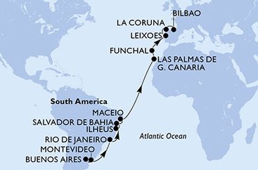 Argentina, Uruguay, Brazílie, Španělsko, Portugalsko z Buenos Aires na lodi MSC Poesia