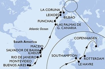 Argentina, Uruguay, Brazílie, Španělsko, Portugalsko, Velká Británie, Francie, Nizozemsko, Dánsko z Buenos Aires na lodi MSC Poesia