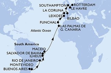 Argentina, Uruguay, Brazílie, Španělsko, Portugalsko, Velká Británie, Francie, Nizozemsko z Buenos Aires na lodi MSC Poesia