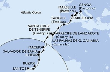 Itálie, Francie, Španělsko, Maroko, Brazílie z Janova na lodi MSC Orchestra