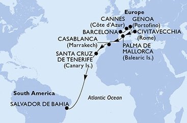 Španělsko, Francie, Itálie, Maroko, Brazílie z Barcelony na lodi MSC Seaview