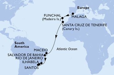 Španělsko, Portugalsko, Brazílie z Málagy na lodi MSC Grandiosa