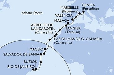 Brazílie, Španělsko, Maroko, Francie, Itálie z Rio de Janeira na lodi MSC Grandiosa
