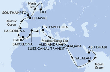 Spojené arabské emiráty, Omán, Jordánsko, Egypt, Itálie, Španělsko, Francie, Velká Británie, Německo z Abu Dhabi na lodi MSC Euribia