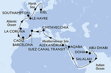 Katar, Spojené arabské emiráty, Omán, Jordánsko, Egypt, Itálie, Španělsko, Francie, Velká Británie, Německo z Dohy na lodi MSC Euribia