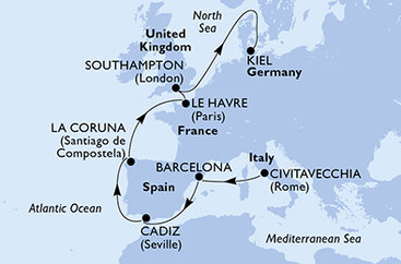 Itálie, Španělsko, Francie, Velká Británie, Německo z Civitavecchia na lodi MSC Euribia