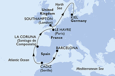 Španělsko, Francie, Velká Británie, Německo z Barcelony na lodi MSC Euribia