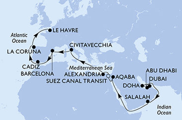 Spojené arabské emiráty, Katar, Omán, Jordánsko, Egypt, Itálie, Španělsko, Francie z Dubaje na lodi MSC Euribia