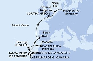 Španělsko, Maroko, Portugalsko, Velká Británie, Německo z Cadizu na lodi MSC Euribia