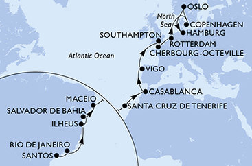 Brazílie, Španělsko, Maroko, Velká Británie, Francie, Nizozemsko, Dánsko, Norsko, Německo ze Santosu na lodi MSC Preziosa