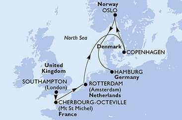 Velká Británie, Francie, Nizozemsko, Dánsko, Norsko, Německo ze Southamptonu na lodi MSC Preziosa
