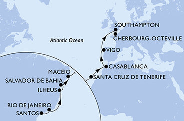 Brazílie, Španělsko, Maroko, Velká Británie, Francie ze Santosu na lodi MSC Preziosa
