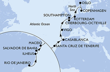 Brazílie, Španělsko, Maroko, Velká Británie, Francie, Nizozemsko, Dánsko, Norsko z Rio de Janeira na lodi MSC Preziosa