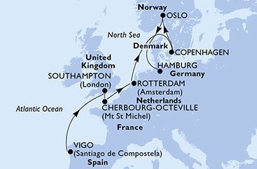 Španělsko, Velká Británie, Francie, Nizozemsko, Dánsko, Norsko, Německo z Viga na lodi MSC Preziosa