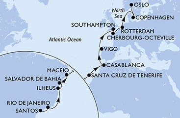 Brazílie, Španělsko, Maroko, Velká Británie, Francie, Nizozemsko, Dánsko, Norsko ze Santosu na lodi MSC Preziosa
