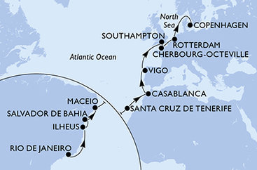 Brazílie, Španělsko, Maroko, Velká Británie, Francie, Nizozemsko, Dánsko z Rio de Janeira na lodi MSC Preziosa
