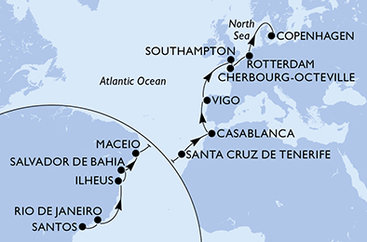 Brazílie, Španělsko, Maroko, Velká Británie, Francie, Nizozemsko, Dánsko ze Santosu na lodi MSC Preziosa