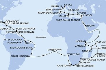 Itálie, Francie, Španělsko, Malta, Řecko, Kypr, Egypt, Saúdská Arábie, Keňa, Tanzánie, Madagaskar, Seychely, Mauricius, Reunion, Mosambik, Jihoafrická republika, Namibie, Zámořské území Velké Británie, Brazílie, Barbados, Svatá Lucie, Martinik, Dominikánská republika, Bahamy, USA z Janova na lodi MSC Poesia