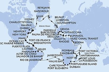 Itálie, Francie, Španělsko, Malta, Řecko, Kypr, Egypt, Saúdská Arábie, Keňa, Tanzánie, Madagaskar, Seychely, Mauricius, Reunion, Mosambik, Jihoafrická republika, Namibie, Zámořské území Velké Británie, Brazílie, Barbados, Svatá Lucie, Martinik, Dominikánská republika, Bahamy, USA, Kanada, Autonomní oblast Dánska, Island, Velká Británie z Civitavecchia na lodi MSC Poesia