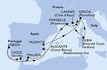 Španělsko, Itálie, Francie, Portugalsko z Valencie na lodi MSC Orchestra