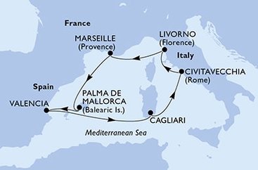 Španělsko, Itálie, Francie z Palma de Mallorca na lodi MSC Lirica