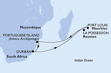 Jihoafrická republika, Mauricius, Reunion, Mosambik z Durbanu na lodi MSC Musica
