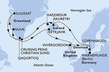 Německo, Island, Autonomní oblast Dánska, Velká Británie, Dánsko z Warnemünde na lodi MSC Poesia
