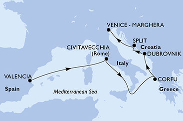 Španělsko, Itálie, Řecko, Chorvatsko z Valencie na lodi MSC Lirica