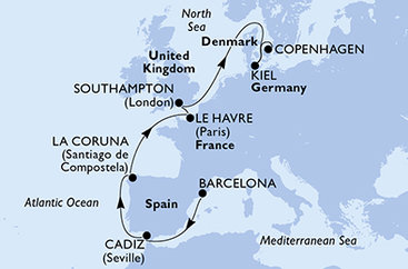 Španělsko, Francie, Velká Británie, Německo, Dánsko z Barcelony na lodi MSC Euribia