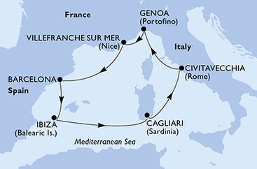 Itálie, Francie, Španělsko z Cagliari na lodi MSC Musica
