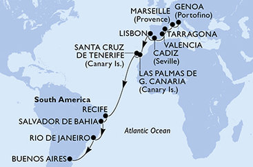 Itálie, Francie, Španělsko, Portugalsko, Brazílie, Argentina z Janova na lodi MSC Poesia