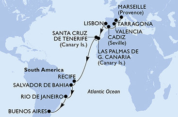 Francie, Španělsko, Portugalsko, Brazílie, Argentina z Marseille na lodi MSC Poesia