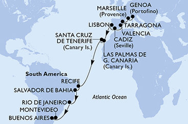 Itálie, Francie, Španělsko, Portugalsko, Brazílie, Argentina, Uruguay z Janova na lodi MSC Poesia