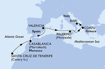 Španělsko, Maroko, Itálie, Řecko z Tenerife na lodi MSC Opera