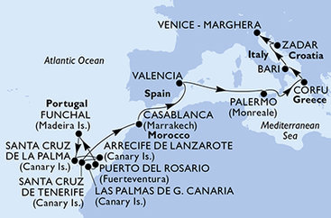 Španělsko, Portugalsko, Maroko, Itálie, Řecko, Chorvatsko z Las Palmas na lodi MSC Opera