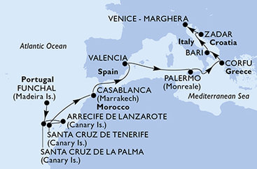 Portugalsko, Španělsko, Maroko, Itálie, Řecko, Chorvatsko z Funchalu na lodi MSC Opera