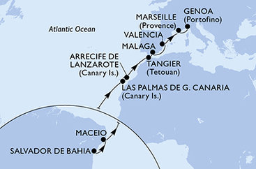 Brazílie, Španělsko, Maroko, Francie, Itálie ze Salvadoru na lodi MSC Grandiosa