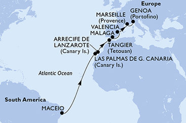 Brazílie, Španělsko, Maroko, Francie, Itálie z Maceia na lodi MSC Grandiosa
