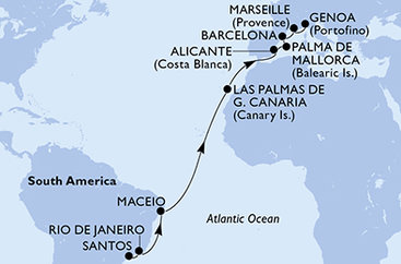 Brazílie, Španělsko, Francie, Itálie ze Santosu na lodi MSC Seaview