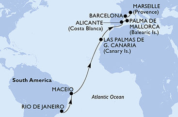 Brazílie, Španělsko, Francie z Rio de Janeira na lodi MSC Seaview