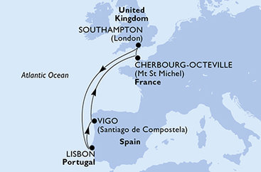 Velká Británie, Portugalsko, Španělsko, Francie ze Southamptonu na lodi MSC Virtuosa