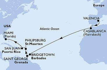 Španělsko, Maroko, Barbados, Grenada, Svatý Martin, USA z Valencie na lodi MSC Seaside
