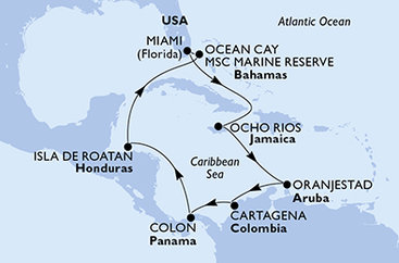 USA, Jamajka, Aruba, Kolumbie, Panama, Honduras, Bahamy z Miami na lodi MSC Divina